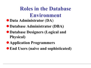 Roles in the Database
Environment
Data Administrator (DA)
Database Administrator (DBA)
Database Designers (Logical and
Physical)
Application Programmers
End Users (naive and sophisticated)
 