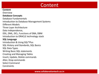 Content
Content
Overview
Database Concepts
Database Fundamentals
Introduction to Database Management Systems
Different Models
Three Layer Architecture
Data Independence,
DDL, DML, DCL, Functions of DBA, DBM
Introduction to ORACLE technology stack
SQL Language
Introduction & Using SQL*Plus
SQL History and Standards, SQL Basics
SQL Data Types
Writing Basic SQL statements
Creating and Managing Tables
Insert, Update, Delete commands
Alter, Drop commands
Select Command
Constraints
www.collaborationtech.co.in
 
