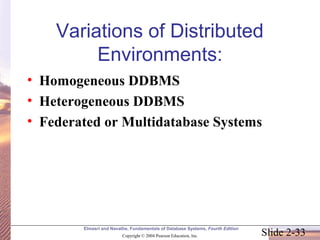 Variations of Distributed 
Environments: 
• Homogeneous DDBMS 
• Heterogeneous DDBMS 
• Federated or Multidatabase Systems 
Elmasri and Navathe, Fundamentals of Database Systems, Fourth Edition 
Slide 2-33 Copyright © 2004 Pearson Education, Inc. 
