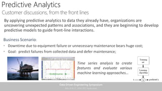 Predictive Analytics
Customer discussions, from the front lines
By applying predictive analytics to data they already have, organizations are
uncovering unexpected patterns and associations, and they are beginning to develop
predictive models to guide front-line interactions.
Business Scenario:
• Downtime due to equipment failure or unnecessary maintenance bears huge cost;
• Goal: predict failures from collected data and defer maintenance;
Time series analysis to create
features and evaluate various
machine learning approaches…
 