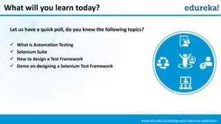 www.edureka.co/testing-with-selenium-webdriver
What will you learn today?
Let us have a quick poll, do you know the following topics?
 What is Automation Testing
 Selenium Suite
 How to design a Test Framework
 Demo on designing a Selenium Test Framework
 