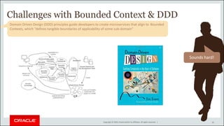 Copyright © 2020, Oracle and/or its affiliates. All rights reserved. |
Domain Driven Design (DDD) principles guide developers to create microservices that align to Bounded
Contexts, which “defines tangible boundaries of applicability of some sub-domain”
Challenges with Bounded Context & DDD
Sounds hard!
11
 
