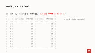 21
OVER() = ALL ROWS
select x, count(x) OVER(), sum(x) OVER() from x;
+----+-----------------+---------------+
| x | count(x) OVER() | sum(x) OVER() |
+----+-----------------+---------------+
| 1 | 10 | 55 |
| 2 | 10 | 55 |
| 3 | 10 | 55 |
| 4 | 10 | 55 |
| 5 | 10 | 55 |
| 6 | 10 | 55 |
| 7 | 10 | 55 |
| 8 | 10 | 55 |
| 9 | 10 | 55 |
| 10 | 10 | 55 |
+----+-----------------+---------------+
is the ‘55’ valuable information?
 