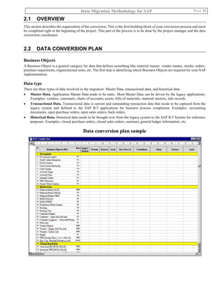 Data Migration Methodology for SAP PAGE 16
2.1 OVERVIEW
This section describes the organization of the conversion. This is the first building block of your conversion process and must
be completed right at the beginning of the project. This part of the process is to be done by the project manager and the data
conversion coordinator.
2.2 DATA CONVERSION PLAN
Business Objects
A Business Object is a general category for data that defines something like material master, vendor master, stocks, orders,
purchase requisitions, organizational units, etc. The first step is identifying which Business Objects are required for your SAP
implementation.
Data type
There are three types of data involved in the migration: Master Data, transactional data, and historical data.
 Master Data. Application Master Data tends to be static. Most Master Data can be driven by the legacy applications.
Examples: vendors, customers, charts of accounts, assets, bills of materials, material masters, info records.
 Transactional Data. Transactional data is current and outstanding transaction data that needs to be captured from the
legacy system and defined to the SAP R/3 applications for business process completion. Examples: accounting
documents, open purchase orders, open sales orders, back orders.
 Historical Data. Historical data needs to be brought over from the legacy system to the SAP R/3 System for reference
purposes. Examples: closed purchase orders, closed sales orders, summary general ledger information, etc.
Data conversion plan sample
 