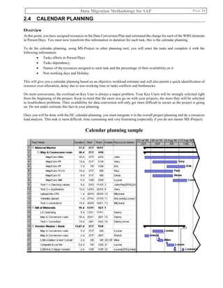 Data Migration Methodology for SAP PAGE 24
2.4 CALENDAR PLANNING
Overview
At this point, you have assigned resources in the Data Conversion Plan and estimated the charge for each of the WBS elements
in Person/Days. You must now transform this information in duration for each task, this is the calendar planning.
To do the calendar planning, using MS-Project or other planning tool, you will enter the tasks and complete it with the
following information:
 Tasks efforts in Person/Days
 Tasks dependency
 Names of the resources assigned to each task and the percentage of their availability on it
 Non working days and Holiday.
This will give you a calendar planning based on an objective workload estimate and will also permit a quick identification of
resource over-allocation, delay due to non-working time or tasks conflicts and bottlenecks.
On most conversions, the overload on Key User is always a major problem. Your Key Users will be strongly solicited right
from the beginning of the project. Keep in mind that the more you go on with your projects, the more they will be solicited
to troubleshoot problems. Their availability for data conversion will only get more difficult to secure as the project is going
on. Do not under estimate this fact in your planning.
Once you will be done with the DC calendar planning, you must integrate it in the overall project planning and do a resources
load analysis. This task is most difficult, time consuming and very frustrating (especially if you do not master MS-Project).
Calendar planning sample
 