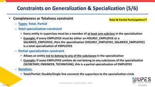 Constraints on Generalization & Specialization (5/6)
• Completeness or Totalness constraint
– Types: Total, Partial
– Total specialization constraint
• Every entity in superclass must be a member of at least one subclass in the specialization
• Example: If every EMPLOYEE must be either an HOURLY_EMPLOYEE or a
SALARIED_EMPLOYEE, then the specialization {HOURLY_EMPLOYEE, SALARIED_EMPLOYEE}
is a total specialization of EMPLOYEE
– Partial specialization constraint
• Allows an entity not to belong to any of the subclasses in the specialization
• Example: If some EMPLOYEE entities do not belong to any subclasses of the specialization
{SECRETARY, ENGINEER, TECHNICIAN}, this is a partial specialization of EMPLOYEE
– Notation:
• Total/Partial: Double/Single line connects the superclass to the specialization circle
Total & Partial Participation??
Christalin Nelson | Systems Cluster | SOCS
2/27/2024
19 of 48
 