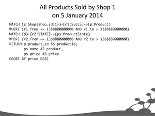 All	
  Products	
  Sold	
  by	
  Shop	
  1	
  	
  
on	
  5	
  January	
  2014	
  	
  
MATCH (s:Shop{shop_id:1})-[r1:SELLS]->(p:Product)	
WHERE (r1.from <= 1388880000000 AND r1.to > 1388880000000)	
MATCH (p)-[r2:STATE]->(ps:ProductState)	
WHERE (r2.from <= 1388880000000 AND r2.to > 1388880000000)	
RETURN p.product_id AS productId, 	
ps.name AS product, 	
ps.price AS price	
ORDER BY price DESC	
 