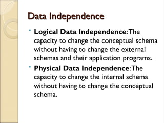 Data Independence
Data Independence
• Logical Data Independence:The
capacity to change the conceptual schema
without having to change the external
schemas and their application programs.
• Physical Data Independence:The
capacity to change the internal schema
without having to change the conceptual
schema.
 