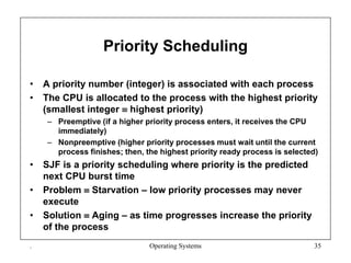 Priority Scheduling
• A priority number (integer) is associated with each process
• The CPU is allocated to the process with the highest priority
(smallest integer  highest priority)
– Preemptive (if a higher priority process enters, it receives the CPU
immediately)
– Nonpreemptive (higher priority processes must wait until the current
process finishes; then, the highest priority ready process is selected)
• SJF is a priority scheduling where priority is the predicted
next CPU burst time
• Problem  Starvation – low priority processes may never
execute
• Solution  Aging – as time progresses increase the priority
of the process
. Operating Systems 35
 