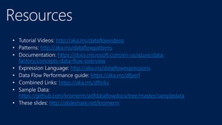 http://aka.ms/dataflowvideos
http://aka.ms/dataflowpatterns
https://docs.microsoft.com/en-us/azure/data-
factory/concepts-data-flow-overview
http://aka.ms/dataflowexpressions
https://aka.ms/dfperf
https://aka.ms/dflinks
https://github.com/kromerm/adfdataflowdocs/tree/master/sampledata
http://slideshare.net/kromerm
 