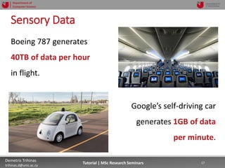 06/03/2019 17Demetris Trihinas
trihinas.d@unic.ac.cy
17Tutorial | MSc Research Seminars
Department of
Computer Science
Sensory Data
Boeing 787 generates
40TB of data per hour
in flight.
Google’s self-driving car
generates 1GB of data
per minute.
 