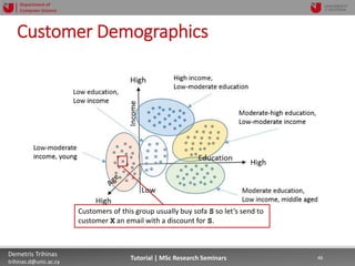 06/03/2019 46Demetris Trihinas
trihinas.d@unic.ac.cy
46Tutorial | MSc Research Seminars
Department of
Computer Science
Customer Demographics
Customers of this group usually buy sofa S so let’s send to
customer X an email with a discount for S.
 