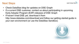 Next Steps
• Check DataStax blog for updates on DSE Graph
• If a current DSE customer, contact us about participating in upcoming
Early Adopter Program (EAP) releases of DSE Graph
• If haven’t tried DSE yet, download it from
http://www.datastax.com/download and follow our getting started guide in
your own environment (or use the DataStax Sandbox)
©2015 DataStax
 