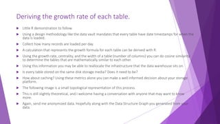 Deriving the growth rate of each table.
 Little R demonstration to follow.
 Using a design methodology like the data vault mandates that every table have date timestamps for when the
data is loaded.
 Collect how many records are loaded per day.
 A calculation that represents the growth formula for each table can be derived with R.
 Using the growth rate, centrality, and the width of a table (number of columns) you can do cosine similarity
to determine the tables that are mathematically similar to each other.
 Using this information you may be able to reallocate the infrastructure that the data warehouse sits on.
 Is every table stored on the same disk storage media? Does it need to be?
 How about caching? Using these metrics alone you can make a well informed decision about your storage
platform.
 The following image is a small topological representation of this process.
 This is still slightly theoretical, and I welcome having a conversation with anyone that may want to know
more.
 Again, send me anonymized data. Hopefully along with the Data Structure Graph you generated from your
data.
 