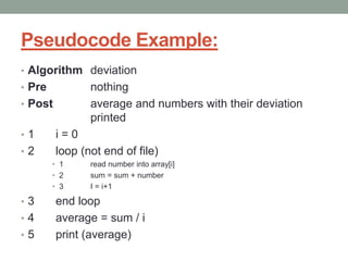 Pseudocode Example:
• Algorithm deviation
• Pre nothing
• Post average and numbers with their deviation
printed
• 1 i = 0
• 2 loop (not end of file)
• 1 read number into array[i]
• 2 sum = sum + number
• 3 I = i+1
• 3 end loop
• 4 average = sum / i
• 5 print (average)
 