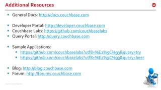 ©2016 Couchbase Inc. 44
Additional Resources
44
§ General Docs: http://docs.couchbase.com
§ Developer Portal: http://developer.couchbase.com
§ Couchbase Labs: https://github.com/couchbaselabs
§ Query Portal: http://query.couchbase.com
§ Sample Applications:
§ https://github.com/couchbaselabs?utf8=%E2%9C%93&query=try
§ https://github.com/couchbaselabs?utf8=%E2%9C%93&query=beer
§ Blog: http://blog.couchbase.com
§ Forum: http://forums.couchbase.com
 