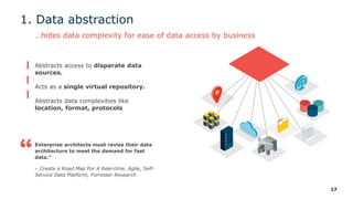 17
1. Data abstraction
Abstracts access to disparate data
sources.
Acts as a single virtual repository.
Abstracts data complexities like
location, format, protocols
…hides data complexity for ease of data access by business
Enterprise architects must revise their data
architecture to meet the demand for fast
data.”
– Create a Road Map For A Real-time, Agile, Self-
Service Data Platform, Forrester Research
 