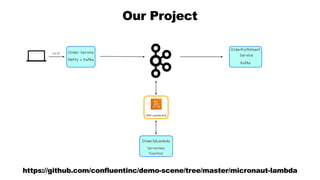 Our Project
Order Service
HTTP
Netty + Kafka
OrderIdLambda
Serverless
Function
OrderFulfillment
Service
Kafka
https://github.com/confluentinc/demo-scene/tree/master/micronaut-lambda
 