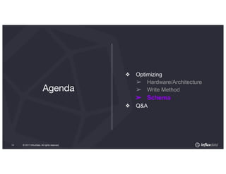 © 2017 InﬂuxData. All rights reserved.14 © 2017 InﬂuxData. All rights reserved.14
❖ Optimizing
➢ Hardware/Architecture
➢ Write Method
➢ Schema
❖ Q&A
Agenda
 