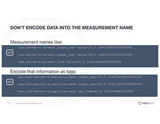 © 2018 InﬂuxData. All rights reserved.19
DON'T ENCODE DATA INTO THE MEASUREMENT NAME
Measurement names like:
Encode that information as tags:
Cpu.server-5.us-west.usage_user value=20.0 1444234982000000000
cpu.server-6.us-west.usage_user value=40.0 1444234982000000000
mem.server-6.us-west.free value=25.0 1444234982000000000
cpu,host=server-5,region=us-west usage_user=20.0 1444234982000000000
cpu,host=server-6,region=us-west usage_user=40.0 1444234982000000000
mem,host=server-6,region=us-west mem_free=25.0 1444234982000000
 