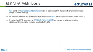 Slide 16 www.edureka.co/mastering-node-jsSlide 16Slide 16Slide 16
RESTful API With Node.js
 REST stands for Representational State Transfer. It is an architecture that allows client-server communication
through a uniform interface.
 We will create a Restful Web Service with Node.js to perform CRUD operations ( create, read, update, delete )
 By convention, HTTP verbs, such as GET, POST, PUT, and DELETE are mapped to retrieving, creating,
updating, and removing the resources specified by the URL
 