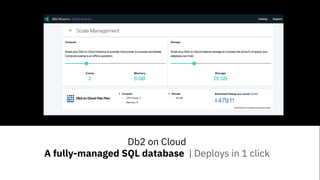 IBM AnalyticsIBM Analytics
Miran Badzak, Simon Lightstone
Product Management
Db2 on Cloud
A fully-managed SQL database | Deploys in 1 click
 