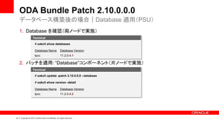 33 | Copyright © 2014 Oracle and/or its affiliates. All rights reserved.
ODA Bundle Patch 2.10.0.0.0
1. Database を確認（両ノードで実施）
2. パッチを適用：“Database”コンポーネント（片ノードで実施）
データベース構築後の場合｜Database 適用（PSU）
Terminal
# oakcli show databases
Database Name Database Version
tpcc 11.2.0.4.1
Terminal
# oakcli update -patch 2.10.0.0.0 --database
# oakcli show version -detail
Database Name Database Version
tpcc 11.2.0.4.2
 