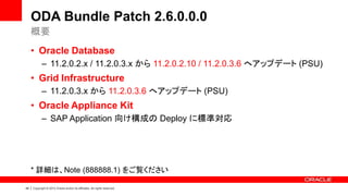 48 | Copyright © 2014 Oracle and/or its affiliates. All rights reserved.
ODA Bundle Patch 2.6.0.0.0
• Oracle Database
– 11.2.0.2.x / 11.2.0.3.x から 11.2.0.2.10 / 11.2.0.3.6 へアップデート (PSU)
• Grid Infrastructure
– 11.2.0.3.x から 11.2.0.3.6 へアップデート (PSU)
• Oracle Appliance Kit
– SAP Application 向け構成の Deploy に標準対応
* 詳細は、Note (888888.1) をご覧ください
概要
 