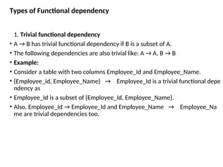 Types of Functional dependency
1. Trivial functional dependency
• A → B has trivial functional dependency if B is a subset of A.
• The following dependencies are also trivial like: A → A, B → B
• Example:
• Consider a table with two columns Employee_Id and Employee_Name.
• {Employee_id, Employee_Name} → Employee_Id is a trivial functional depe
ndency as
• Employee_Id is a subset of {Employee_Id, Employee_Name}.
• Also, Employee_Id → Employee_Id and Employee_Name → Employee_Na
me are trivial dependencies too.
 