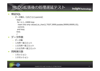 MLOG拡張後の処理遅延テスト
• 検証SQL
  – データ挿入（1⾏ごとにcommit）
      begin
       for i in 1..10000 loop
        insert Into emp values(i,to_char(i),'TEST',9999,sysdate,99999,99999,10);
        commit;
       end loop;
      End;
      /
• データ件数
  –   データ無
  –   １万件一括コミット
  –   １０万件一括コミット
  –   １００万件一括コミット
• 同時実⾏数
  – １セッション
  – １０セッション



                           Copyright © 2012 Insight Technology, Inc. All Rights Reserved.   41
 
