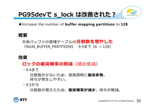 35Copyright©2015 NTT corp. All Rights Reserved.
PG95devで s_lock は改善された？
◆Increase the number of buffer mapping partitions to 128.
概要
共有バッファの管理テーブルの分割数を増やした
（NUM_BUFFER_PARTITIONS 9.4まで 16 → 128）
効果
ロックの衝突確率の削減（競合低減）
・9.4まで
分割数が少ないため、高負荷時に衝突多発。
待ちが発⽣しやすい。
・9.5から
分割数が増えたため、衝突確率が減少。待ちが軽減。
 