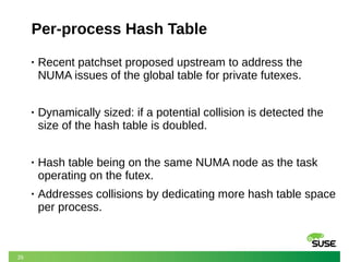 26
Per-process Hash Table
• Recent patchset proposed upstream to address the
NUMA issues of the global table for private futexes.
• Dynamically sized: if a potential collision is detected the
size of the hash table is doubled.
• Hash table being on the same NUMA node as the task
operating on the futex.
• Addresses collisions by dedicating more hash table space
per process.
 