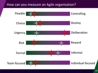 How can you measure an Agile organization?
16
ControllingFlexible
DestinyChoice
DeliberationUrgency
RewardRisk
InformalFormal
Individual focusedTeam focused
 