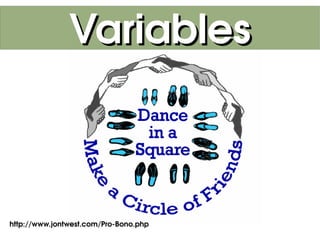 Variables



   
http://www.jontwest.com/Pro­Bono.php    
 