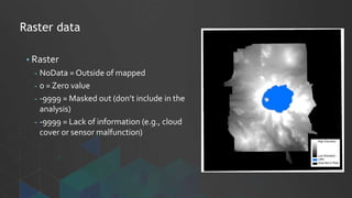 Raster data
• Raster
- NoData = Outside of mapped
- 0 = Zero value
- -9999 = Masked out (don’t include in the
analysis)
- -9999 = Lack of information (e.g., cloud
cover or sensor malfunction)
 