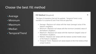 Choose the best fill method
• Average
• Minimum
• Maximum
• Median
• TemporalTrend
 