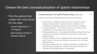 Choose the best conceptualization of spatial relationships
• Pick the option that
makes the most sense
for the data
- Insect infestation 
Contiguity
- Real estate market 
Distance Band
 