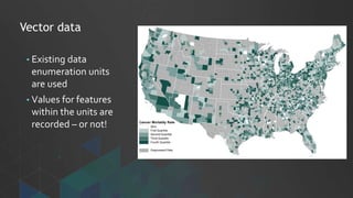 Vector data
• Existing data
enumeration units
are used
• Values for features
within the units are
recorded – or not!
 