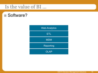 Is the value of BI …19Software?Web AnalyticsETLMDMReportingOLAP©2010 Decision Management Solutions