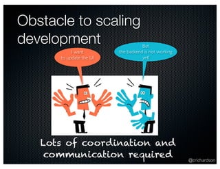 Obstacle to scaling
development                         But
           I want        the backend is not working
      to update the UI              yet!




   Lots of coordination and
    communication required                            @crichardson
 