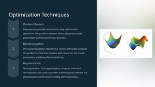 Optimization Techniques
Gradient Descent
Deep learning models are trained using optimization
algorithms like gradient descent, which adjust the model
parameters to minimize the loss function.
Backpropagation
The backpropagation algorithm is used to efficiently compute
the gradients of the loss function with respect to the model
parameters, enabling effective training.
Regularization
Techniques like L1/L2 regularization, dropout, and batch
normalization are used to prevent overfitting and improve the
generalization performance of deep learning models.
 