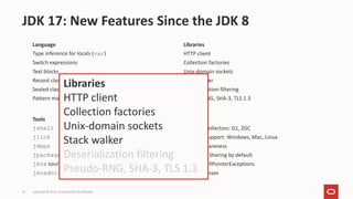 Language
Type inference for locals (var)
Switch expressions
Text blocks
Record classes
Sealed classes
Pattern matching for instanceof
JDK 17: New Features Since the JDK 8
Copyright © 2021, Oracle and/or its affiliates
25
Tools
jshell
jlink
jdeps
jpackage
java source code launcher
javadoc search + API history
JVM
Garbage Collectors: G1, ZGC
AArch64 support: Windows, Mac, Linux
Docker awareness
Class Data Sharing by default
Helpful NullPointerExceptions
Hidden classes
Libraries
HTTP client
Collection factories
Unix-domain sockets
Stack walker
Deserialization filtering
Pseudo-RNG, SHA-3, TLS 1.3
Libraries
HTTP client
Collection factories
Unix-domain sockets
Stack walker
Deserialization filtering
Pseudo-RNG, SHA-3, TLS 1.3
 