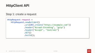 11/2/2021
Copyright © 2021, Oracle and/or its affiliates |
26
Step 1: create a request
HttpClient API
HttpRequest request =
HttpRequest.newBuilder()
.uri(URI.create("https://example.com"))
.header("Accept-Encoding", "gzip")
.header("Accept", "text/xml")
.GET()
.build();
 