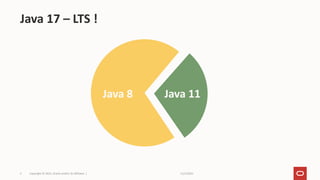 11/2/2021
Copyright © 2021, Oracle and/or its affiliates |
5
Java 17 – LTS !
Java 8 Java 11
 