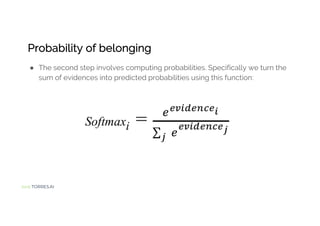 Jordi TORRES.AI
Probability of belonging
● The second step involves computing probabilities. Specifically we turn the
sum of evidences into predicted probabilities using this function:
 