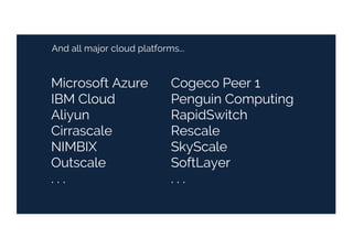 And all major cloud platforms...
Microsoft Azure
IBM Cloud
Aliyun
Cirrascale
NIMBIX
Outscale
. . .
Cogeco Peer 1
Penguin Computing
RapidSwitch
Rescale
SkyScale
SoftLayer
. . .
 
