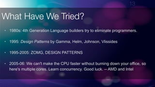 !13
• 1980s: 4th Generation Language builders try to eliminate programmers.
• 1995: Design Patterns by Gamma, Helm, Johnson, Vlissides
• 1995-2005: ZOMG, DESIGN PATTERNS
• 2005-06: We can't make the CPU faster without burning down your office, so
here's multiple cores. Learn concurrency. Good luck. -- AMD and Intel
What Have We Tried?
 