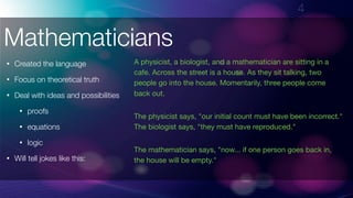 !4
Mathematicians
• Created the language
• Focus on theoretical truth
• Deal with ideas and possibilities
• proofs
• equations
• logic
• Will tell jokes like this:
A physicist, a biologist, and a mathematician are sitting in a
cafe. Across the street is a house. As they sit talking, two
people go into the house. Momentarily, three people come
back out.

The physicist says, "our initial count must have been incorrect." 
The biologist says, "they must have reproduced."

The mathematician says, "now... if one person goes back in,
the house will be empty."
 