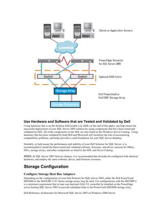 Figure 1 - Architectural Overview of Dell SQL Server 2005 Configuration

Dell PowerEdge servers are designed to deliver the highest performance for critical enterprise applications
like database, messaging, web services and infrastructure applications. As proprietary systems are
increasingly replaced by industry-standard systems, applications like databases, high performance
computing clusters and messaging systems can take advantage of the performance and scalability of the
PowerEdge servers. Combined with Dell PowerVault or Dell/EMC CX3 storage arrays, customers can



Use Hardware and Software that are Tested and Validated by Dell
Using hardware that is on the Solution Deliverable List (SDL) at the end of this paper, can help ensure the
successful deployment of your SQL Server 2005 solution by using components that have been tested and
validated by Dell. All of the components on the SDL are also listed on the Windows Server Catalog. Using
hardware that has been validated by both Dell and Microsoft will minimize the risk of encountering
compatibility problems, and helps provides a solid foundation for your SQL Server database.

Similarly, to help assure the performance and stability of your Dell Solution for SQL Server, it is
recommended to install the latest tested and validated software, firmware, and driver versions for HBAs,
NICs, storage arrays, and other components as listed in the SDL and Server Catalog .

NOTE: In SQL Server 2005 failover clusters, it is recommended that all nodes be configured with identical
hardware, and employ the same software, driver, and firmware revisions.

Storage Configuration
Configure Storage Host Bus Adapters
Depending on the configuration of your Dell Solution for SQL Server 2005, either the Dell PowerVault
MD3000 or the Dell/EMC CX3 Series storage arrays may be used. For configurations with the MD3000 it
is a minimum requirement that at least one dual-port SAS 5/E controller be installed on the PowerEdge
server hosting SQL Server 2005 to provide redundant links to the PowerVault MD3000 storage array.

Dell Reference Architecture for Microsoft SQL Server 2005 on Windows 2008 Server
 
