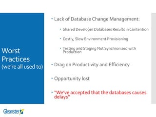 Worst
Practices
(we’reall used to)
 Lack of Database Change Management:
 Shared Developer Databases Results in Contention
 Costly, Slow Environment Provisioning
 Testing and Staging Not Synchronized with
Production
 Drag on Productivity and Efficiency
 Opportunity lost
 “We’ve accepted that the databases causes
delays”
 